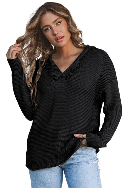 Black V Neck Ribbed Drop Shoulder Hooded Sweater-Tops-MomFashion