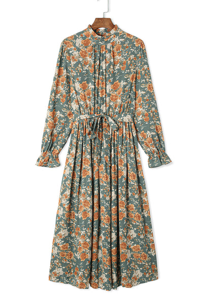 Green Pleated Long Sleeve Maxi Floral Dress with Tie-Dresses-MomFashion