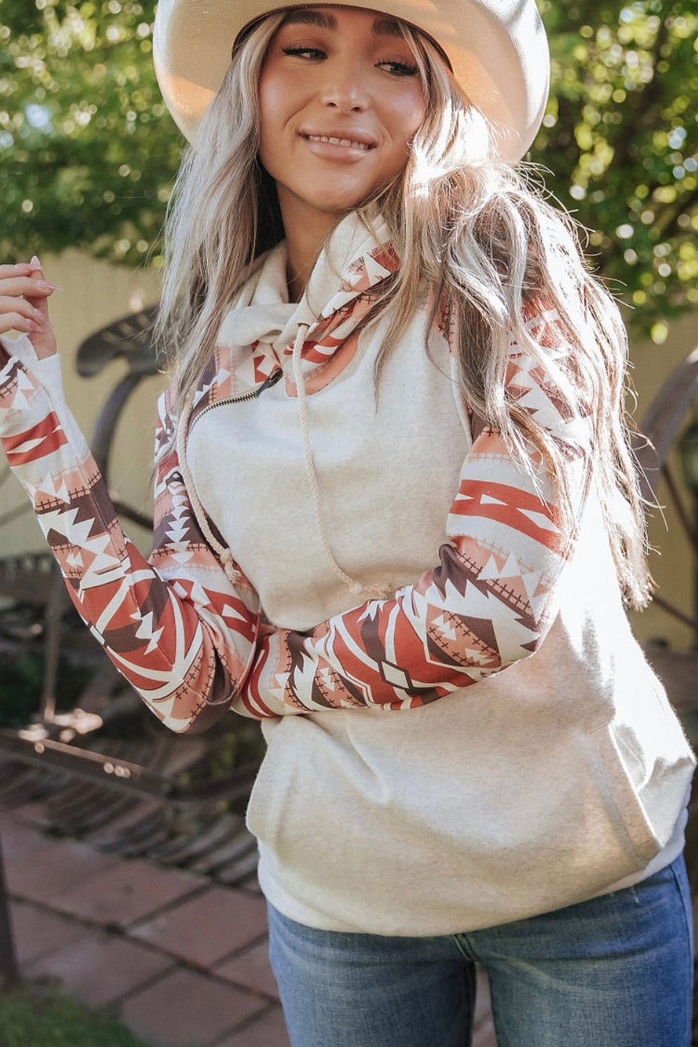 Western Aztec Print Patchwork Double Hood Hoodie-Tops-MomFashion
