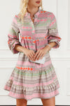 Multicolour Boho Print Puff Sleeve Buttoned Babydoll Dress-Dresses-MomFashion