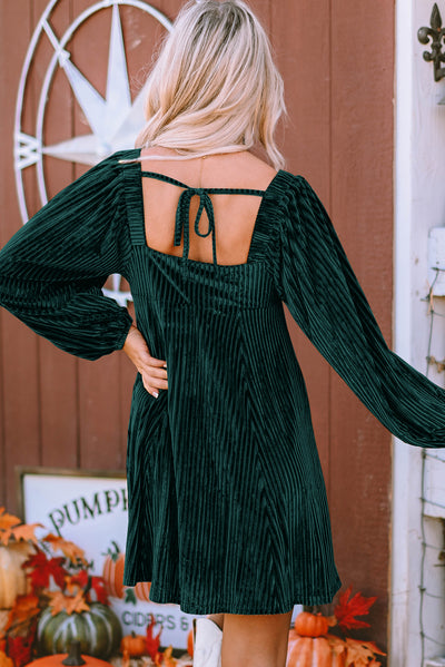 Green Tie Back Square Neck Velvet Babydoll Dress-Dresses-MomFashion