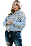 Blue Plus Size Leopard Ripped Cropped Denim Jacket-Plus Size-MomFashion