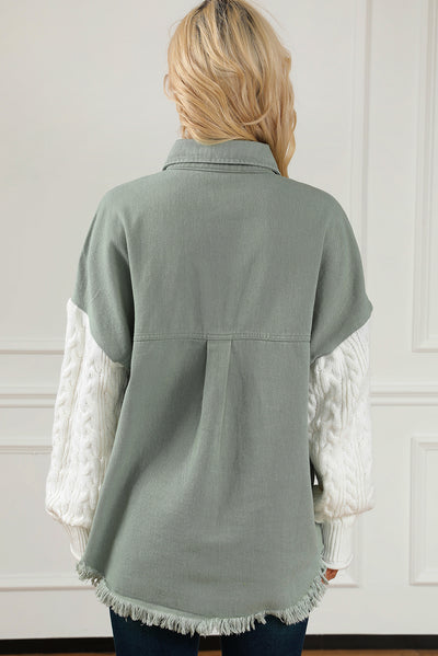 Green Cable Knit Sleeve Raw Hem Shacket-Outerwear-MomFashion