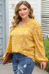 Yellow Plus Size Floral Print Ruched Split Neck Blouse-Plus Size-MomFashion