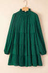 Green Puff Sleeve Mock Neck Back Knot Tiered Dress-Dresses-MomFashion