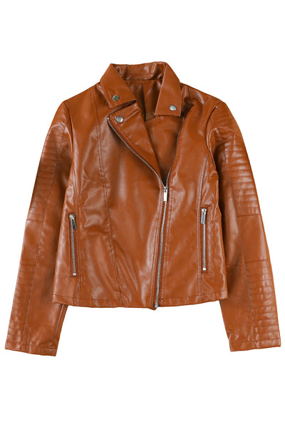 Brown Ribbed Seam Detail Faux Leather Zipped Motorcycle Jacket-Outerwear-MomFashion