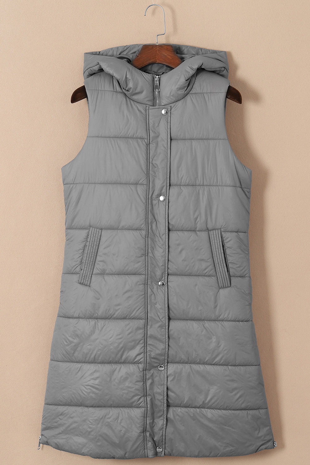 Dark Grey Hooded Long Quilted Vest Coat-Outerwear-MomFashion