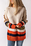 White Buttoned Shoulder Drop Shoulder Striped Sweater-Tops-MomFashion