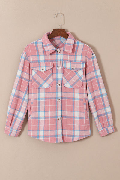 Pink Plaid Flap Pocket Flannel Shacket-Outerwear-MomFashion