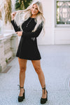 Black Solid Long Sleeve Henley Dress-Dresses-MomFashion