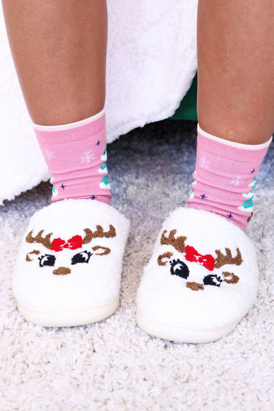 White Christmas Cartoon Pattern Plush Slippers-Shoes & Bags-MomFashion