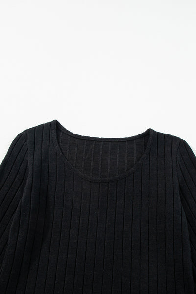 Black Ribbed Bishop Sleeve Round Neck Top-Tops-MomFashion