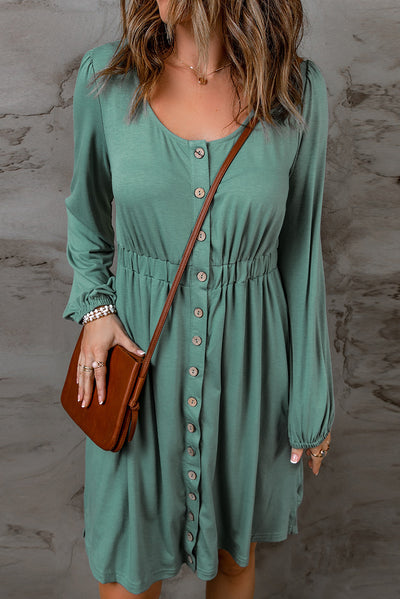 Green Button Up High Waist Long Sleeve Dress-Dresses-MomFashion