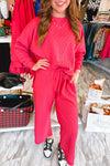 Strawberry Pink Checkered Textured Split Pullover Top and Pants Set-Two Piece Sets/Pant Sets-MomFashion