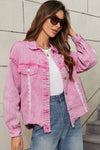 Pink Lace Patchwork Distressed Buttoned Denim Jacket-Outerwear/Denim jackets-MomFashion