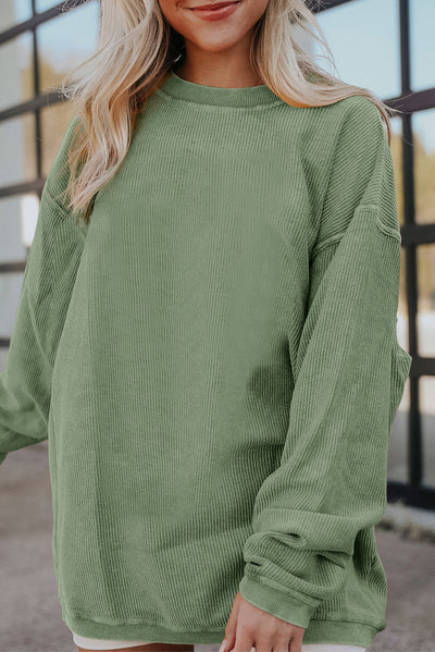 Green Ribbed Corded Oversized Sweatshirt-Tops-MomFashion