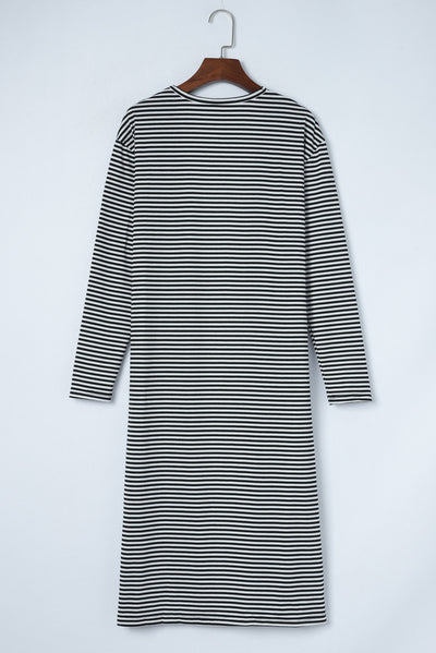 Stripe Open Front Long Cardigan-Tops-MomFashion