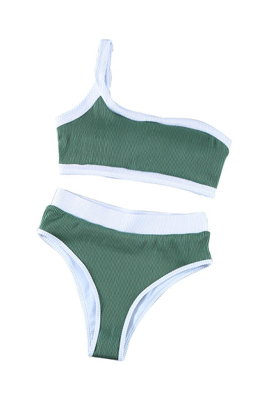 Green One Shoulder Patchwork High-waisted Bikini Set-Swimwear-MomFashion