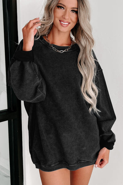 Black Solid Ribbed Knit Round Neck Pullover Sweatshirt-Tops-MomFashion