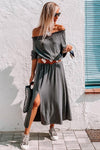 Gray Shirred Off Shoulder Maxi Dress with Split-Dresses-MomFashion