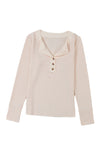 Beige Waffle Knit Textured Henley Top-Tops-MomFashion