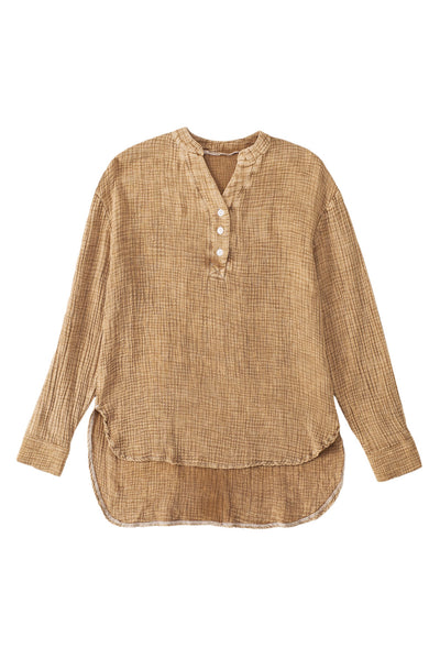 Brown Crinkle Textured Loose Henley Top-Tops-MomFashion