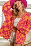 Multicolor Open Front Mixed Checkered Pattern Knit Cardigan-Tops-MomFashion