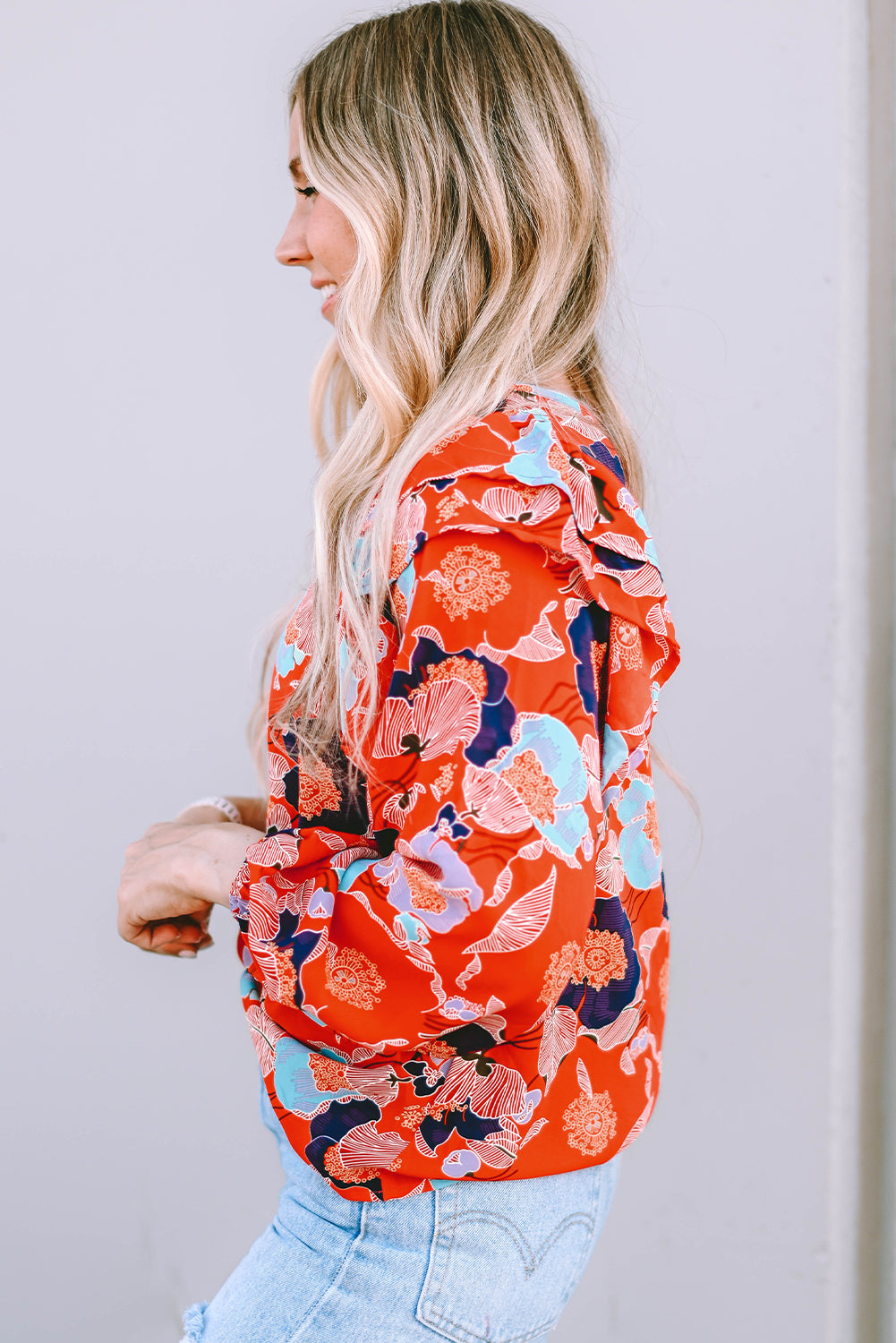 Fiery Red Floral Print Ruffle Puff Sleeve Blouse-Tops-MomFashion