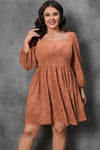 Chestnut Plus Size Suede Square Neck Balloon Sleeve Dress-Plus Size-MomFashion