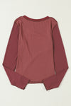 Fiery Red Expose Seam Color Block Ribbed Knit Top-Tops-MomFashion