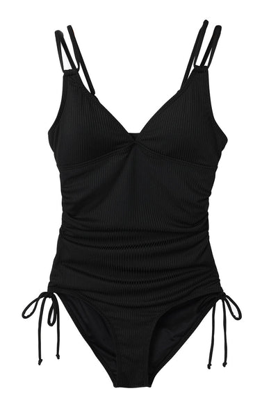 Black Adjustable Straps Ribbed Knit One Piece Swimsuit-Swimwear-MomFashion