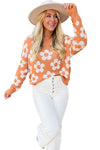 Grapefruit Orange Fuzzy Floral Knitted Drop Shoulder Sweater-Tops-MomFashion