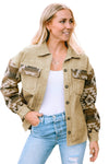 Khaki Aztec Print Patchwork Frayed Edge Corduroy Jacket-Outerwear-MomFashion