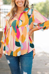 Multicolor Geometric Print Bracelet Sleeve Henley Blouse-Tops-MomFashion