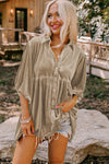 Pale Khaki 3/4 Sleeve Tunic Babydoll Velvet Shirt-Tops-MomFashion