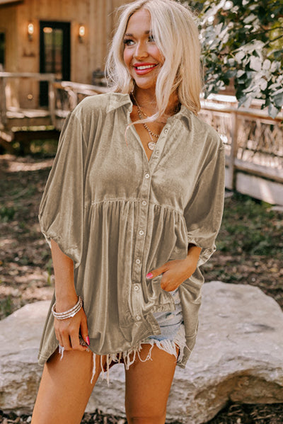 Pale Khaki 3/4 Sleeve Tunic Babydoll Velvet Shirt-Tops-MomFashion