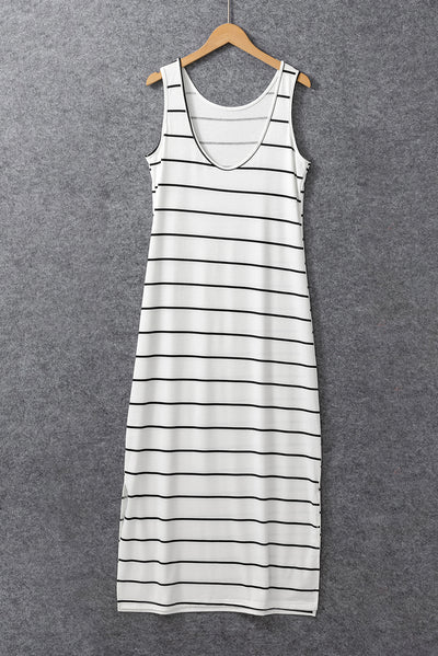 White Stripe Print Open Back Sleeveless Maxi Dress with Slits-Dresses-MomFashion