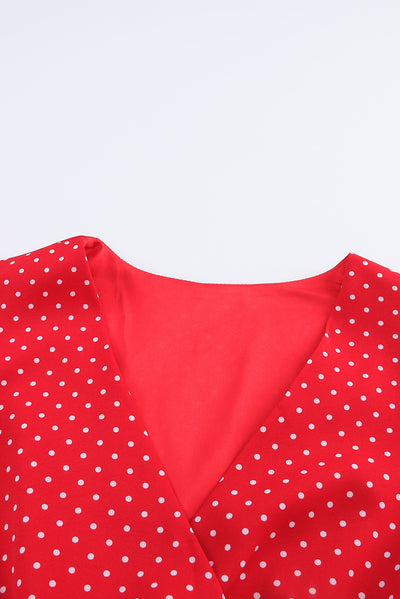 Fiery Red Polka Dot V Neck Ruffle Sleeve Dress-Dresses-MomFashion