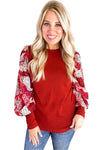 Fiery Red Contrast Mixed Animal Print Lantern Sleeve Patchwork Top-Tops-MomFashion