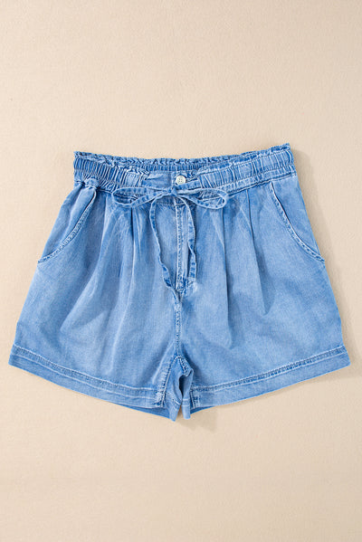 Beau Blue Casual Chambray Drawstring Shorts-Bottoms-MomFashion