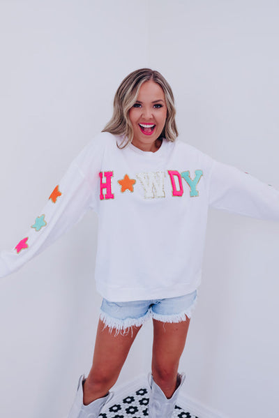 White Glitter Howdy Patch Graphic Casual Sweatshirt-Tops-MomFashion