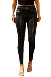 Black Shiny Leopard Textured Leggings-Bottoms-MomFashion