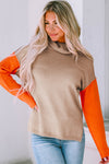 Khaki Color Block Turtle Neck Drop Shoulder Knit Sweater-Tops-MomFashion