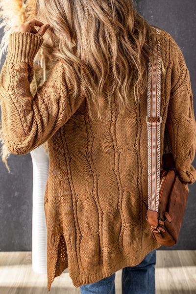 Khaki Ribbed Trim Eyelet Cable Knit Cardigan-Tops-MomFashion