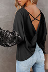 Black Sequin Patchwork Sleeve Open Back Waffle Knit Top-Tops-MomFashion