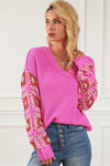 Rose Floral Crochet Cable Knit V Neck Sweater-Tops-MomFashion