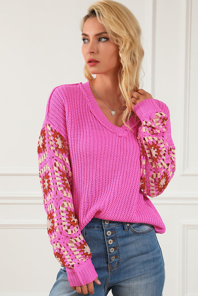 Rose Floral Crochet Cable Knit V Neck Sweater-Tops-MomFashion