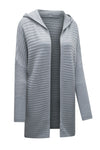 Gray Horizontal Rib Knitted Open Front Hooded Cardigan-Tops-MomFashion