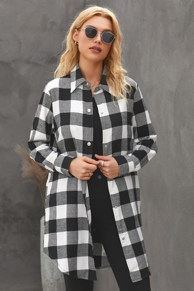 Black Turn-down Collar Plaid Shirt Coat-Outerwear-MomFashion