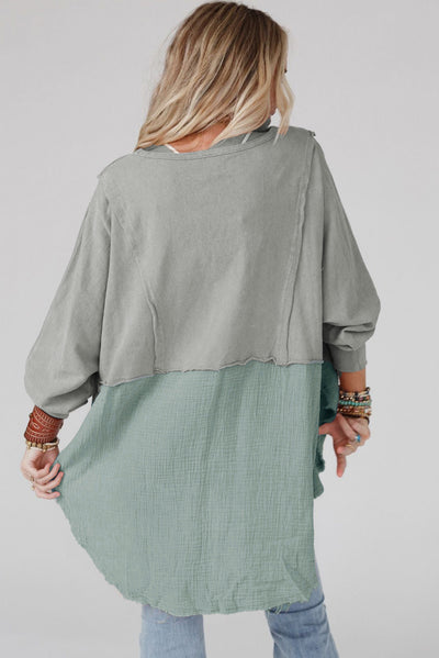 Grey Crinkle Splicing Raw Hem High Low Oversized Blouse-Tops-MomFashion